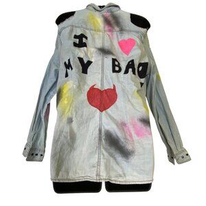 Distressed Denim Cold Shoulder Shirt With Neon Splashes & Stud Details Large Y2K